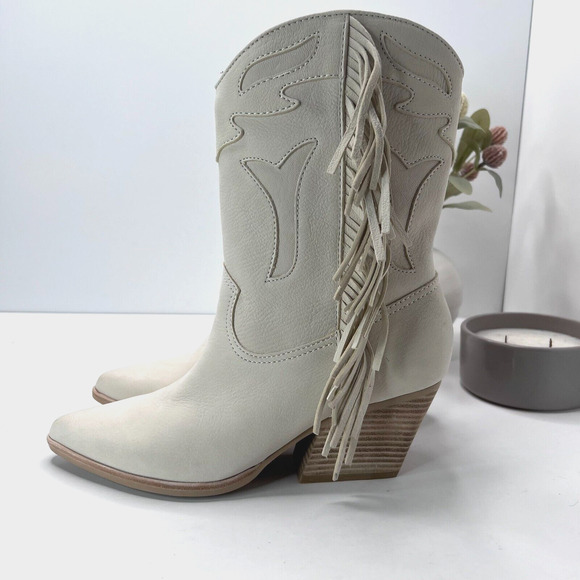Dolce Vita Liona Leather Western Fringe Ankle Boots Pull On Cream Women's 10 NWD - Picture 3 of 9